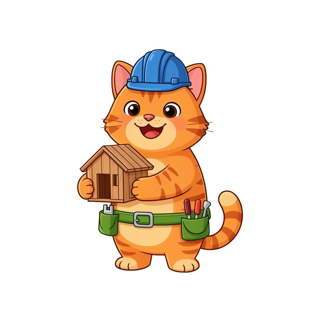 Habbie, the orange tabby cat mascot of Habitat for Humanity ReStore, wearing a blue hard hat